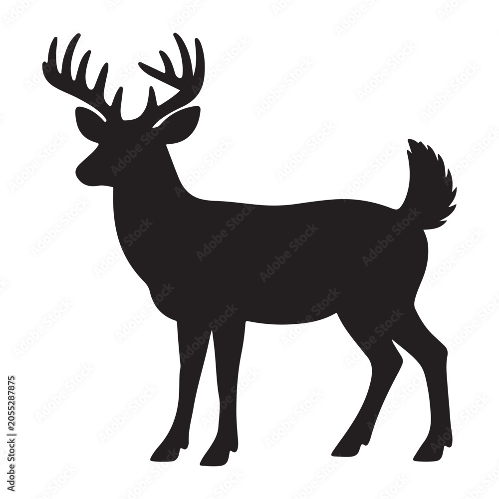 Obraz premium Deer silhouette standing position showing large antlers and alert posture isolated on white background for outdoor design.