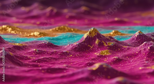 Surreal, highly saturated abstract landscape field with swirling magenta, cyan, and gold patterns. Vivid artistic background, texture, organic, meadow