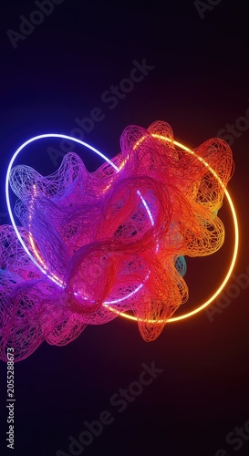 Vibrant fluid neon shapes swirling and merging in an energetic, futuristic space. A complex digital network structure creating dynamic movement, modern, subtle, gradient
