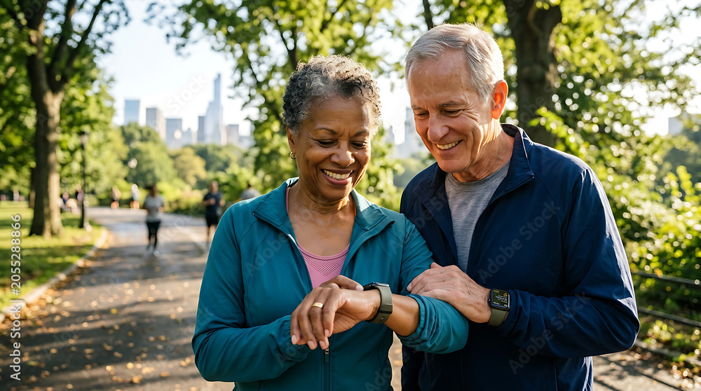 Fototapeta premium Smiling senior man and woman using a smartwatch together during an outdoor leisure walk