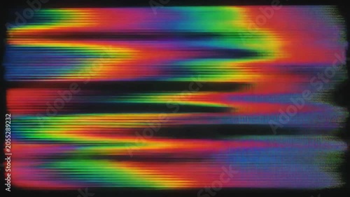 Abstract colorful digital glitch art with horizontal rainbow-colored bands and static interference Keywords: glitch art, abstract, colorful, rainbow, horizontal bands, digital art, static