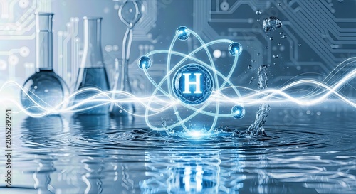 Hydrogen atom demonstrating clean energy fuel technology, sustainable power generation, eco friendly resource, chemical electrolysis process, innovative scientific development.