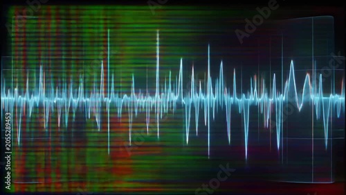Vibrant Sound Waveform Displayed on a Screen with Colorful Grid and Glitch Effect audio signal
