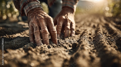 Weathered hands caress dark, fertile soil, planting seeds in a sunlit field, a scene of rural labor and renewal