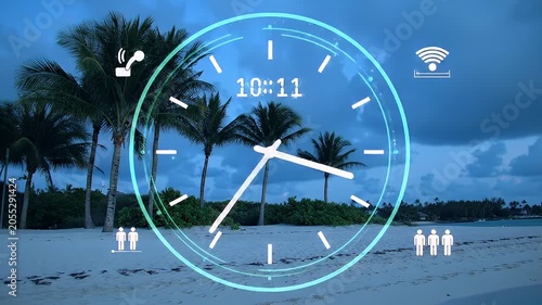 Dreamy Tropical Beach Scene Featuring Neon Overlaid Clock and Palms Silhouette