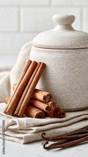 Cinnamon Sticks Beside Vanilla Pods Ceramic Jar for Natural Baking Ingredients and Aromatic Kitchen Styling Cinnamon Sticks Beside Vanilla Pods Ceramic Jar Rustic Spice Background 