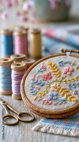 Embroidery Hoop Beside Colorful Thread Spools Vintage Embroidery Hoop Beside Colorful Thread Spools Vintage Craft Workspace, Embroidery Hoop Beside Colorful Thread Spools Vintage Handmade Needlework 