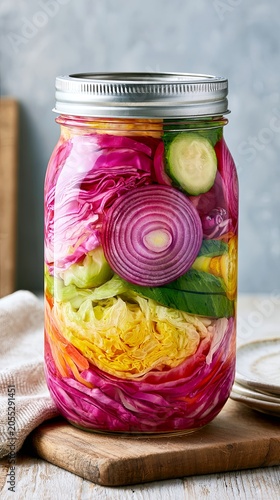 Fermented Vegetable Jar with Colorful Pickled Cabbage, Onion and Cucumber, Fermented Vegetable Jar for Healthy Gut Nutrition, Probiotic Food Preservation and Clean Eating Lifestyle