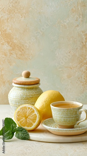Lemon Herbal Tea Lemon Herbal Tea with Fresh Lemon and Mint in Rustic Ceramic Cup, Lemon Herbal Tea for Healthy Lifestyle Wellness Drink and Natural Refreshment Background