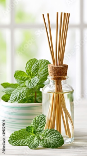 Peppermint Oil Bottle Beside Bamboo Diffuser Stick for Aromatherapy Wellness and Natural Home Fragrance, Peppermint Oil Bottle Beside Bamboo Diffuser Stick Relaxation Concept and Spa Lifestyle 