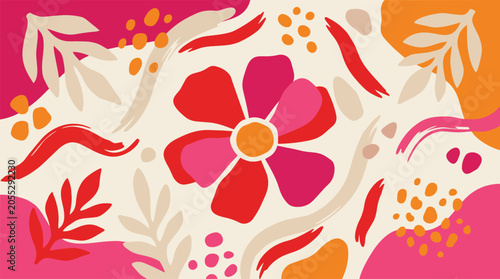 Vibrant floral pattern design with pink and orange flowers leaves and shapes on cream background