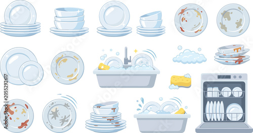 Tableau sur toile dirty and clean kitchen dishes washing set with sink dishwasher soap sponge plat