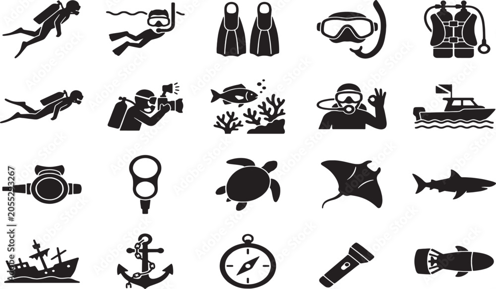 Obraz premium Collection of black silhouette for scuba diving and marine life diver snorkeling fins mask