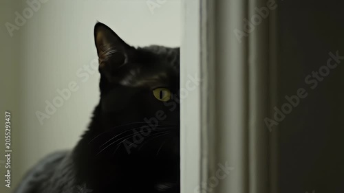 Elegant Black Cat Pose Near a Window with Intense Yellow Eyes in Shadow
