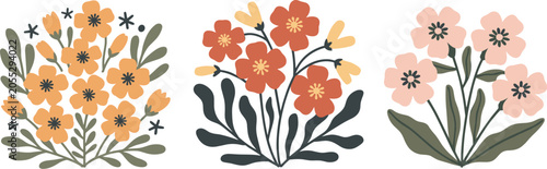 Three stylized floral bouquets in muted colors flowers