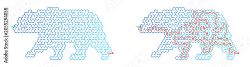 Polar bear maze activity printable with blue and red outlines  