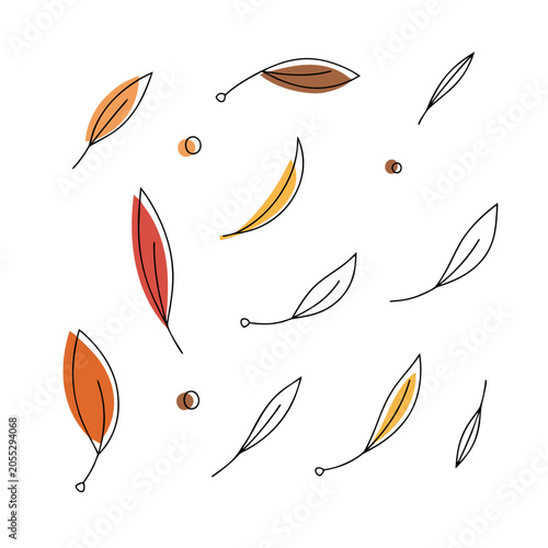 Abstract pattern with colorful leaves and dots, organic shapes for design, nature inspired decoration elements.