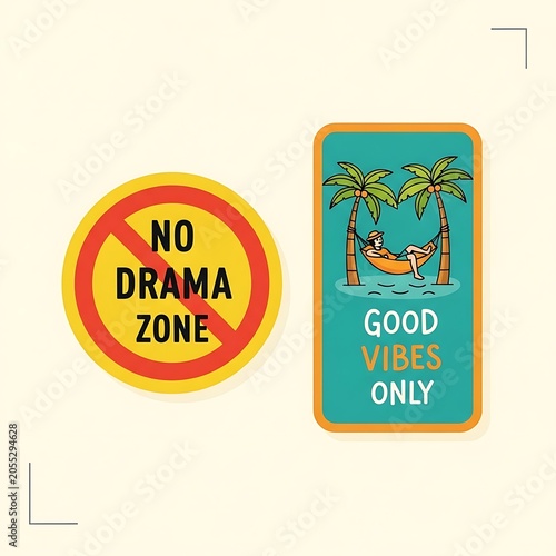 No drama zone sign with good vibes only message.