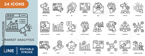 Market analytics  line icon set with editable stroke for marketing, analytics, seo, traffic, email, conversion, and campaign