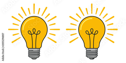 Two bright yellow light bulbs with rays shining on transparent background