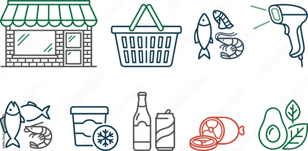 Fototapeta premium Grocery store and supermarket line icon set featuring storefront shopping basket seafood barcode scanner meat and beverage vector