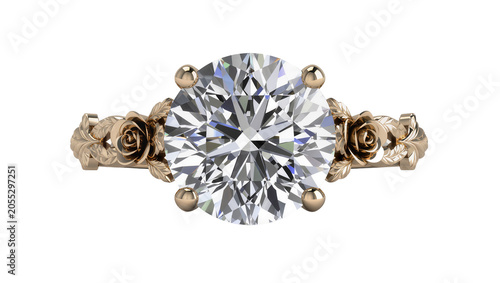 Cuadro en lienzo Isolated elegant gold engagement ring with brilliant round diamond and floral ro