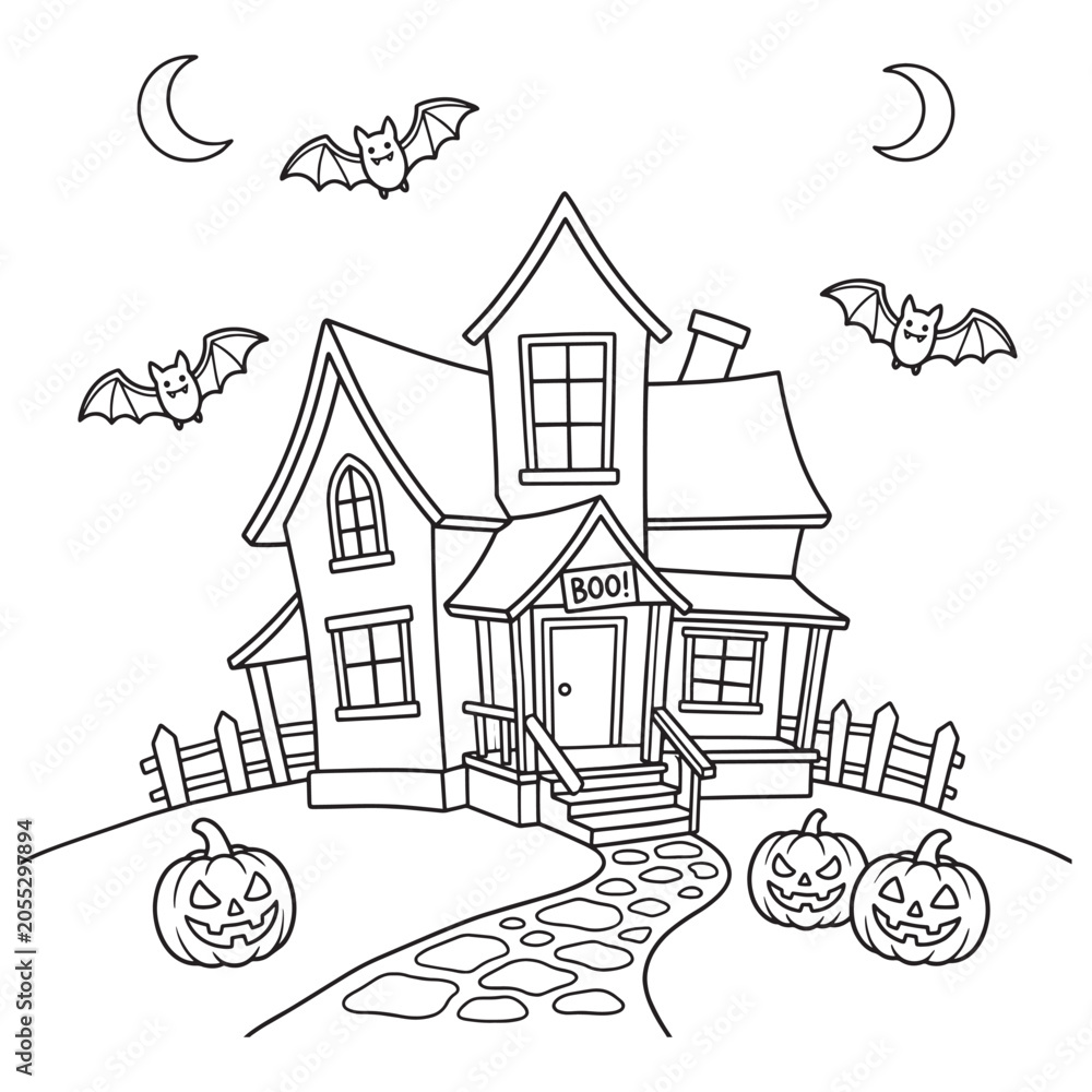 Fototapeta premium Cute Halloween Haunted House with Bats and Jack-o-Lantern Pumpkins Coloring Page Vector Illustration