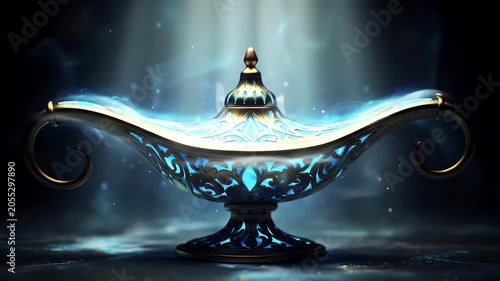 Elegant Mythic Aladdin Style Lamp Emitting Bright Ethereal Blue Light Across a Mystical Scene