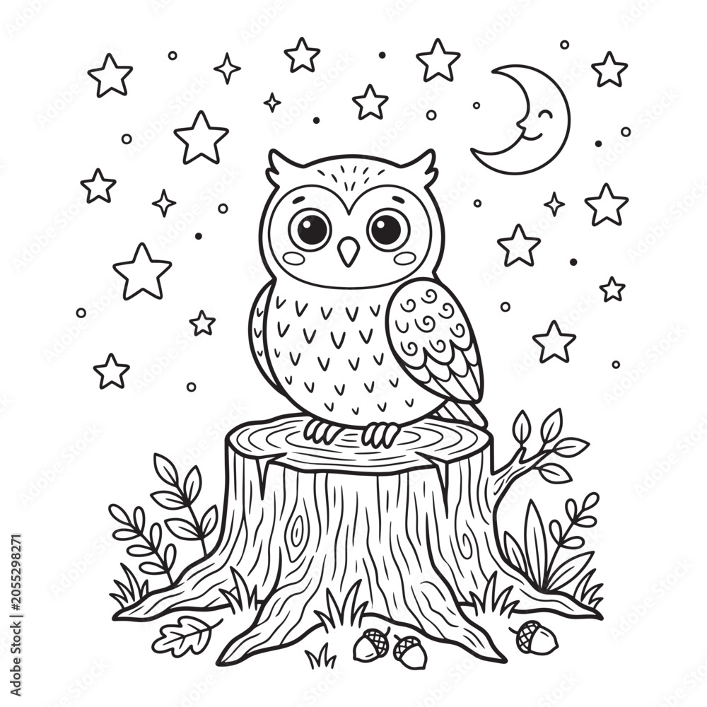 Fototapeta premium Cute Owl Sitting on Tree Stump at Night with Moon and Stars Coloring Page Vector Illustration