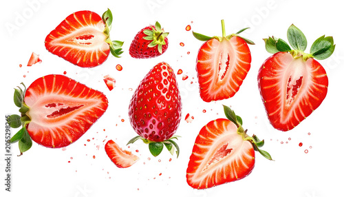 Assortment of fresh, vibrant strawberries, some halved, scattered against a black backdrop, showcasing details