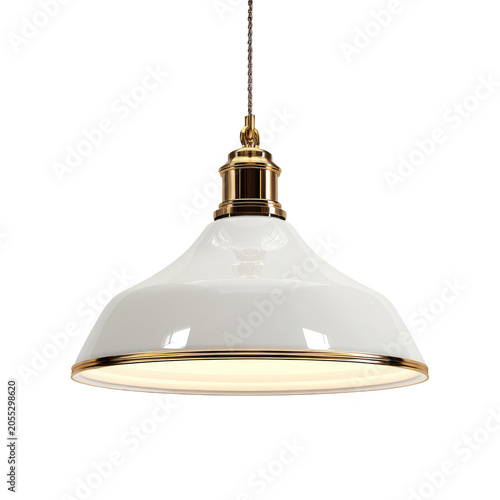 A close-up view of an overhead light fixture. It has a rounded, white shade with gold-colored trim and hardware, hanging from a cord