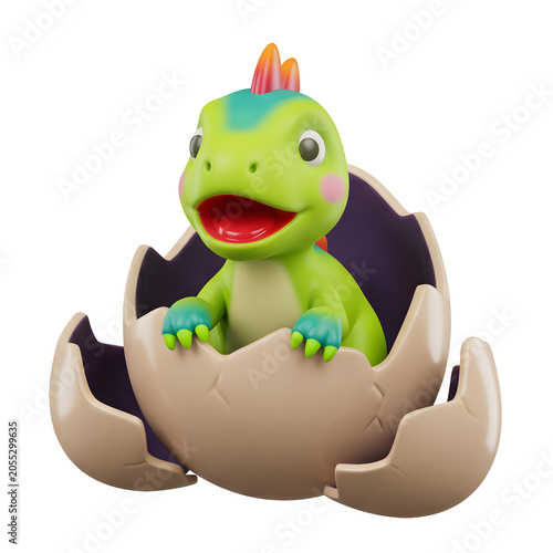 Cute baby dinosaur hatching from egg, cartoon style