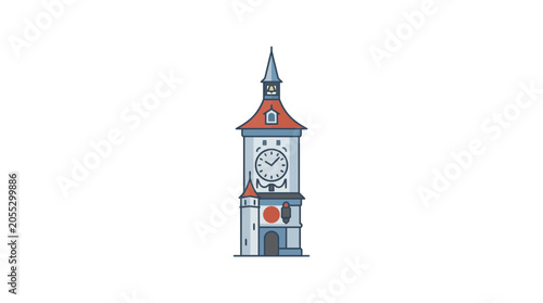 Foto Vector illustration of a medieval clock tower with a red circular emblem