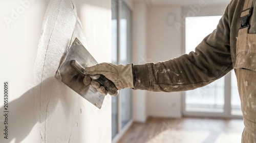 Bright Residential Renovation Site with Workers Completing Wall Finishing Process