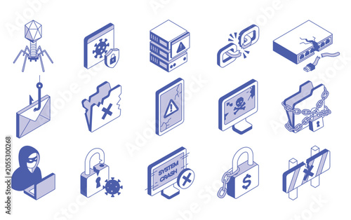 Cybersecurity and hacking isometric icons showing data breach threats
