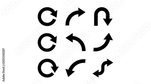 Set of 9 black arrows icons on white background, circular, curved, and zigzag shapes, vector illustration