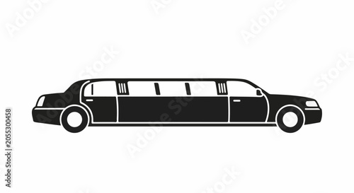 A sleek black limousine, elongated and elegant, drives silently on a white backdrop
