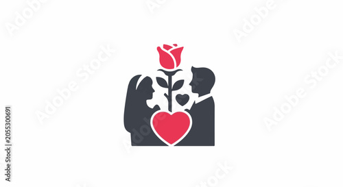 A silhouette of a couple facing each other, with a rose and hearts between them