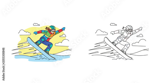 Bild auf Leinwand Vector illustration of an active snowboarder jumping mid-air