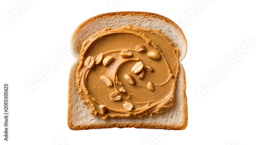 Canvas Print Isolated slice of white bread with creamy peanut butter and whole peanuts on top