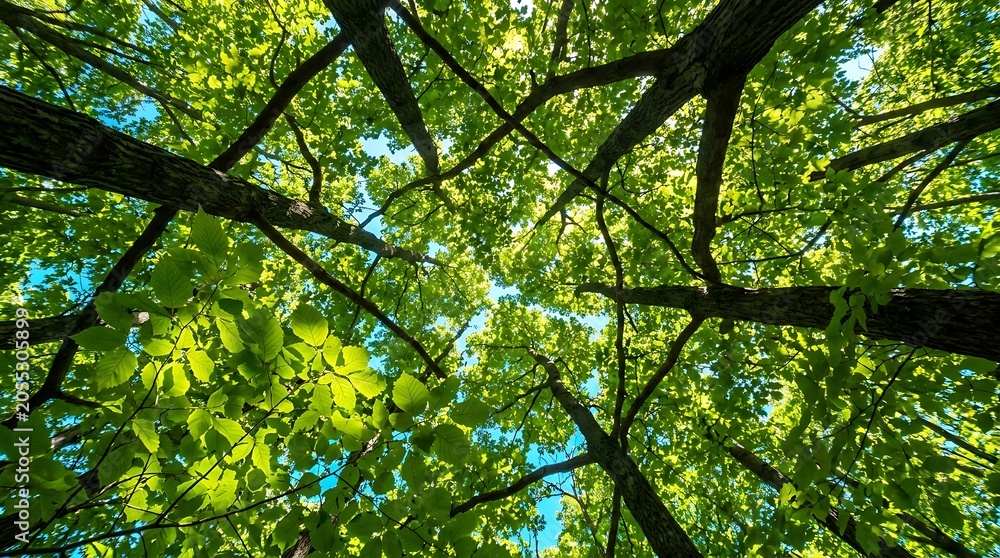 Obraz premium Upward view of a lush green tree canopy against a clear blue sky promoting environmental conservation and peaceful nature