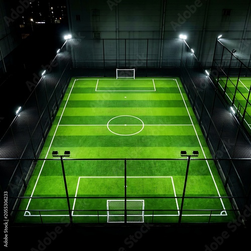 Green soccer field with floodlights at night football