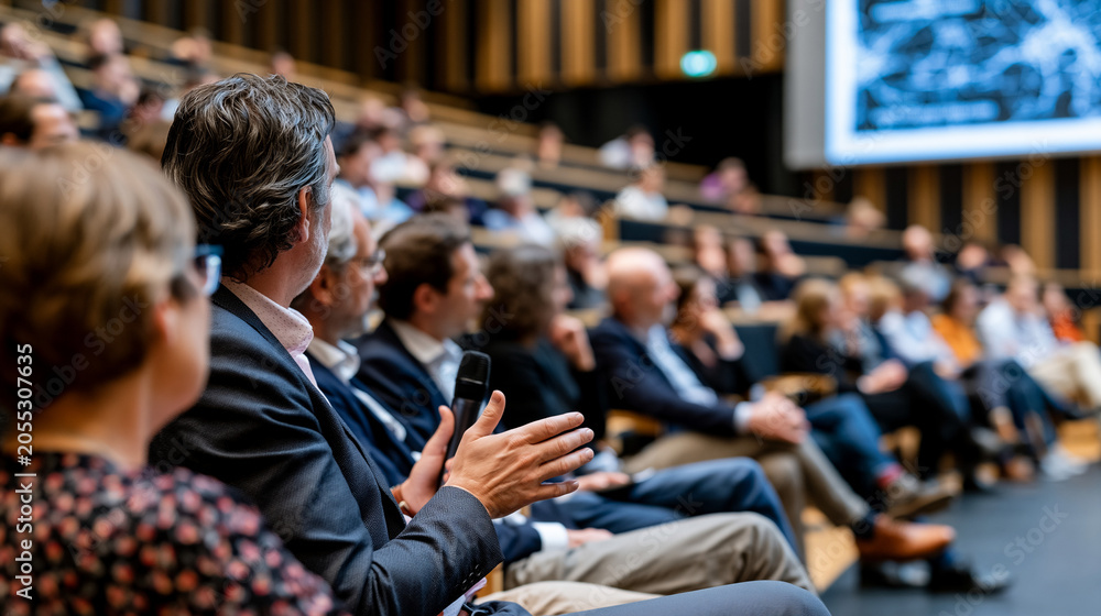 Obraz premium Philosopher facilitating a panel discussion on machine consciousness research ethics with four neuroscientists on a stage, audience of academics filling auditorium seats, projection slide showing ph