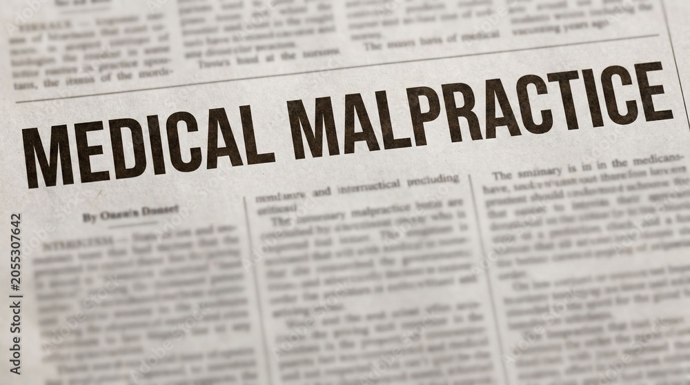 Obraz premium Newspaper headline reading medical malpractice with article text, concept of legal claim explanation and educational labeling about medical error and liability.