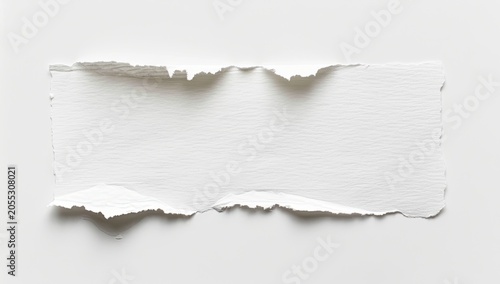 Torn paper scrap on white surface, blank space for design, text or background use