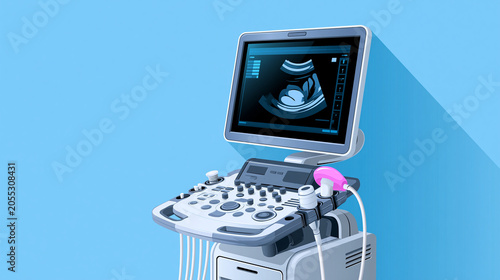 Medical ultrasound machine vector illustration with a fetal scan on screen, prenatal care and obstetric technology concept, with copy space