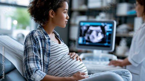 Anonymous expectant mother on an exam bed observing an ultrasound monitor showing a fetal image during a prenatal checkup, maternal care concept, faceless, defocused, with copy