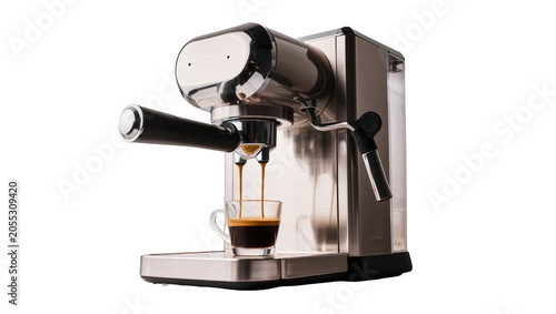 Isolated modern stainless steel espresso machine brewing fresh aromatic coffee into a glass cup