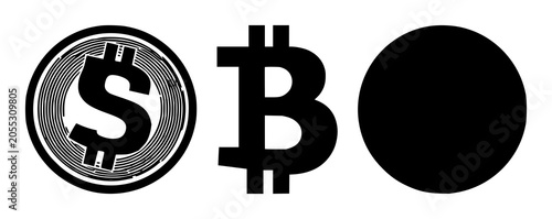 Solid black icon, white background: stablecoin dollar coin symbol set with simple line art design featuring line art, illustrations, graphic resources with vector and design elements