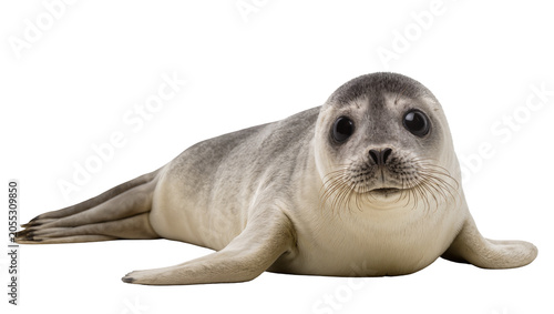 Obraz na plátně Isolated adorable grey harbor seal pup lying on its stomach looking directly at
